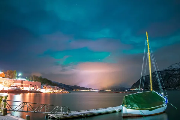 Fjord Nocturne Hiver Norvège Bateau Est Jetée Les Lumières Village — Photo