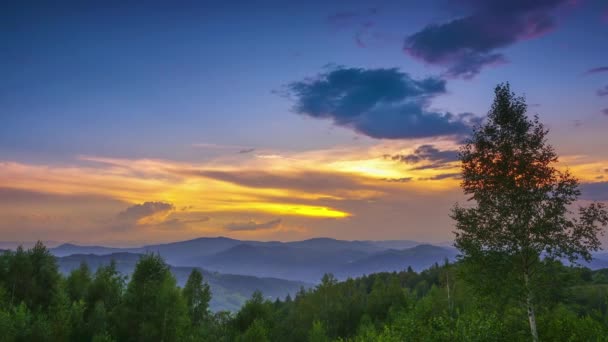 Sommerabend Den Niedrigen Bewaldeten Bergen Sonnenuntergangshimmel Gefällt Durch Viele Farben — Stockvideo