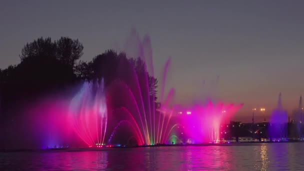城市里的夏日日落 喷泉动力学和灯光表演 — 图库视频影像