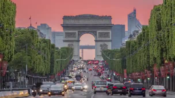 Fransa Paris Champs Elysees Yoğun Trafik Zafer Kemeri Günbatımı Zaman — Stok video
