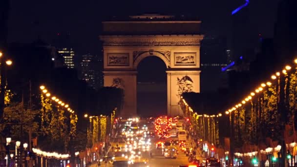 Frankrijk Parijs Zomernacht Autoverkeer Champs Elysees — Stockvideo