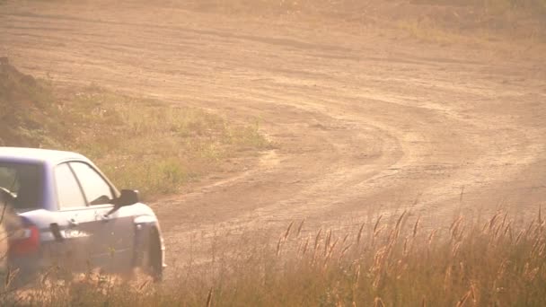 Sunny Summer Day Rally Track Car Passes Sharp Turn Lot — Stock Video