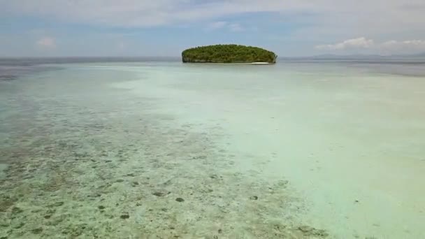印度尼西亚 飞过海洋中的沙质 飞到一个丛林茂密的热带小岛 — 图库视频影像
