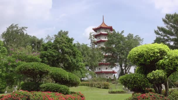 Dia Ensolarado Verão Parque Singapura Pagode Entre Árvores Verdes Canteiros — Vídeo de Stock