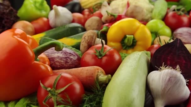 Kamera Létá Přes Stůl Plný Nejrůznějších Druhů Zeleniny — Stock video