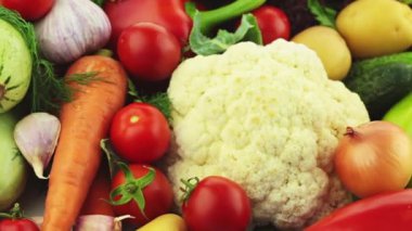 Farklı taze sebzeler: domates ve salatalık ve kabak ve maydanoz ve dereotu ve soğan ve patates ve biber ve havuç ve mısır ve karnabahar. Yakın plan Kusursuz Döngü