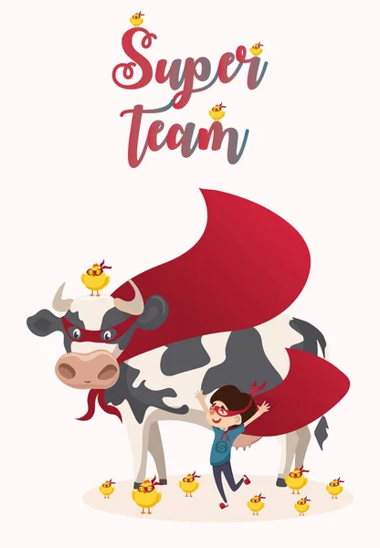 Cute superhero cow and little boy in a red mask and cape. Funny little chick on the head. Vector cartoon farm animal character isolated. Super team with a lot of chicks. Friends on the farm.