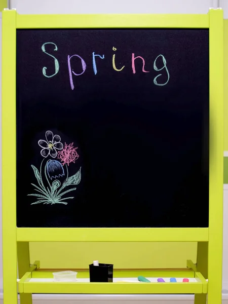 Black Student Chalk Board Stand Chalk Multi Colored Inscription Spring — Stock Photo, Image