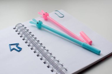Bir açık boş defter ile mavi ve pembe tavşan kalem ve komik kawaii klipleri Üstten Görünüm