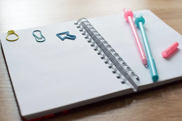 Bir açık boş defter ile mavi ve pembe tavşan şeklinde kalem ve komik kawaii klipler