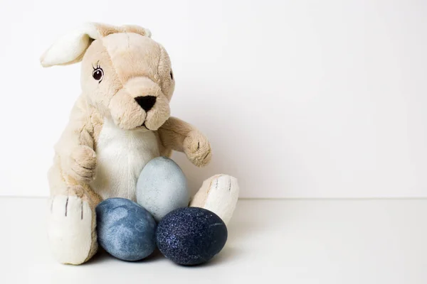 Bej tavşan peluş içinde onun paws üç mermer mavi, gri yumurta beyaz bir arka plan üzerinde tutar.