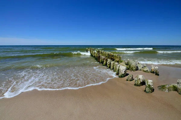 Old wooden breakwater on sandy shore of Baltic sea — Stock Photo, Image