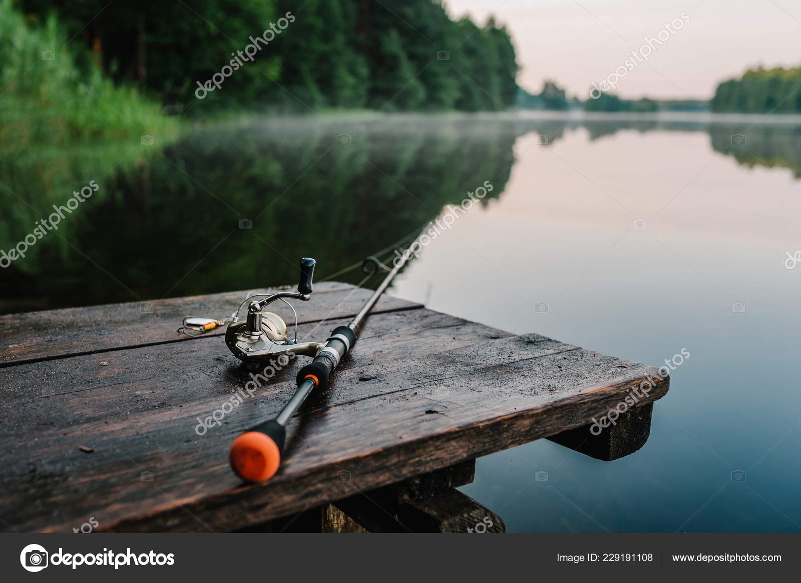 Fishing Rod Spinning Reel Background Pier River Bank Sunrise Fog