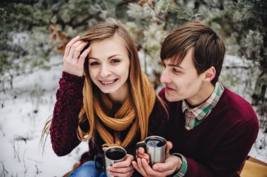 Kış ormanda piknik mulled şarap içme mutlu genç çift