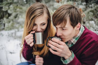 Kış ormanda piknik mulled şarap içme mutlu genç çift