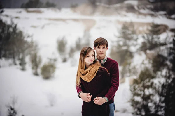 Portrait Jeune Couple Heureux Dans Paysage Hivernal Enneigé — Photo