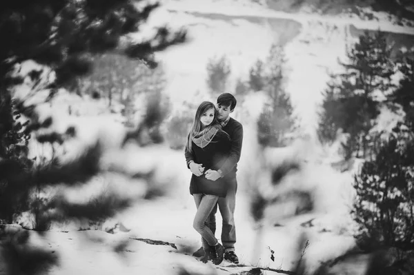 雪に覆われた冬の風景で幸せなカップルの肖像画 — ストック写真