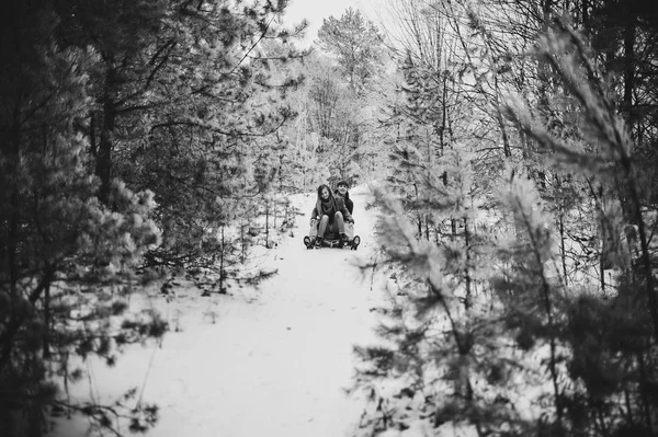 Ρομαντική Αγάπη Ζευγάρι Περπάτημα Στο Δάσος Του Χειμώνα Χιονισμένο — Φωτογραφία Αρχείου