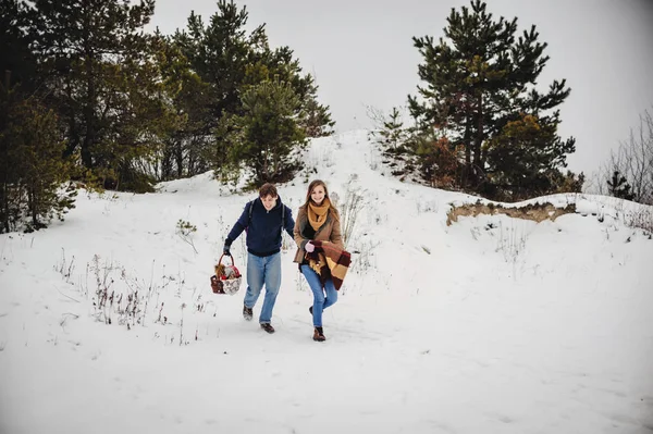 幸福的夫妇有乐趣的时间在雪冬天公园 — 图库照片