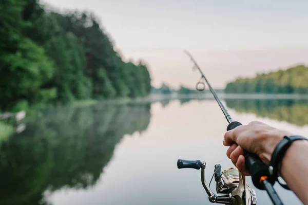 Fisherman Rod Spinning Reel River Bank — Stock Photo, Image