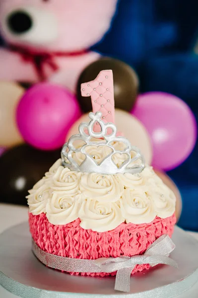 White Pink Cake Candle Year Crown Top — Stock Photo, Image