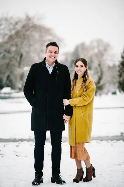 Lyckligt Par Njuter Och Promenader Vinterparken — Stockfoto