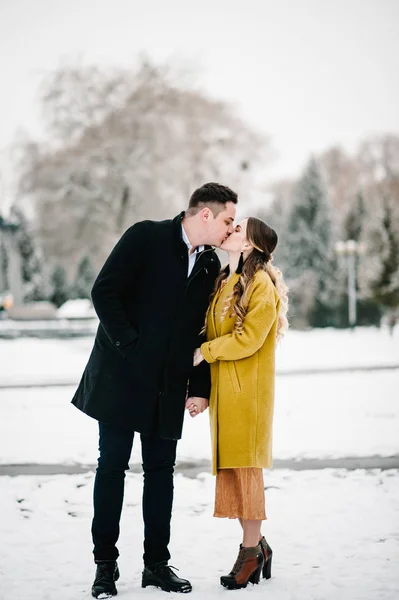 Pareja Feliz Disfrutando Caminando Parque Invierno —  Fotos de Stock