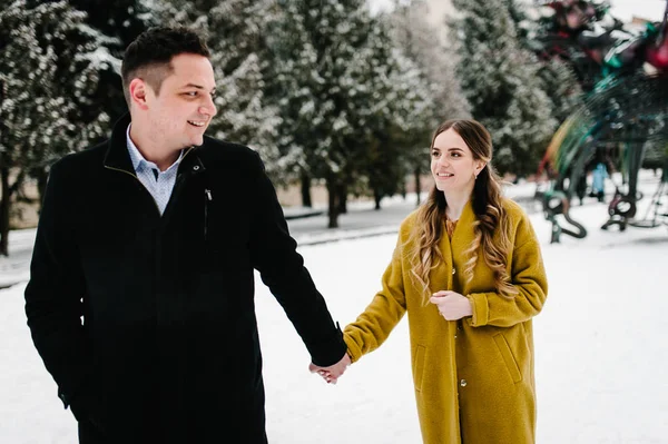 Pareja Feliz Disfrutando Caminando Parque Invierno —  Fotos de Stock