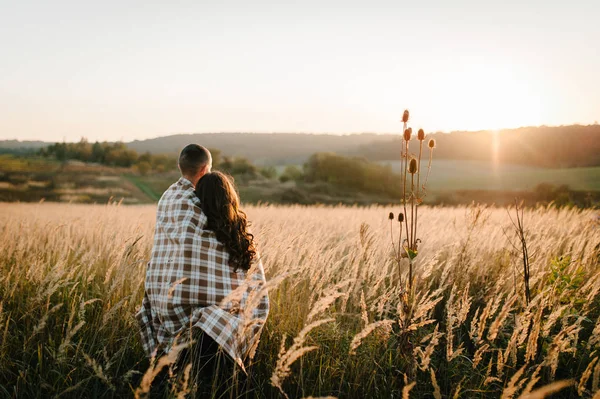Back view of young couple hugging and looking away in autumn field at sunset