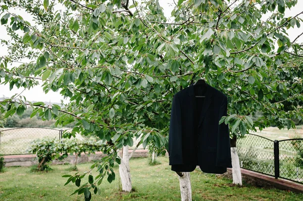 groom jacket hanging on tree branch in orchard