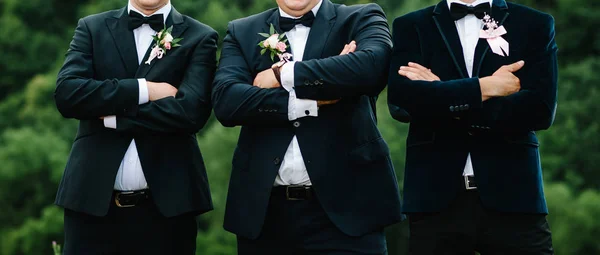 Row Groomsmen Groom Posing Garden — Stock Photo, Image