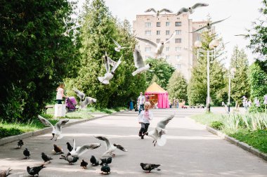 Yaz parkında eğlenceli işlemeli gömlek mutlu küçük çocuk