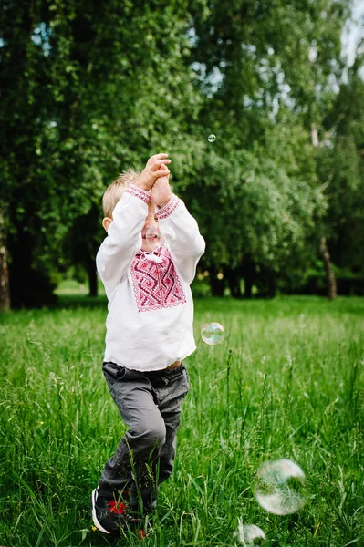 Щасливий Маленький Хлопчик Вишитій Сорочці Розважається Літньому Парку — стокове фото