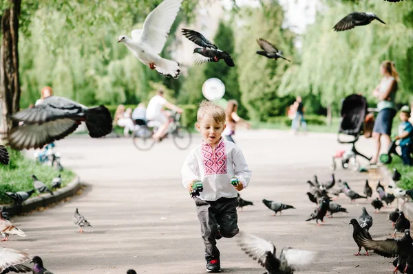 Niño Feliz Camisa Bordada Divirtiéndose Parque Verano — Foto de Stock