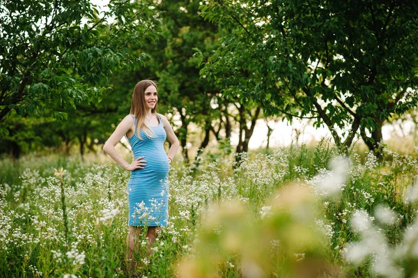 Junge Schwangere Glückliche Frau Spaziert Grünen Sommerpark — Stockfoto