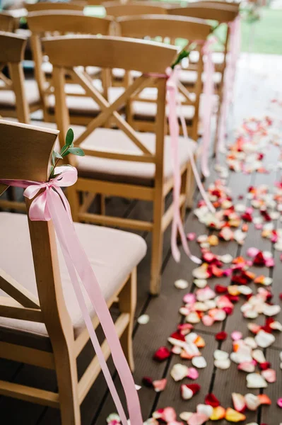 Las Sillas Madera Están Decoradas Con Lazo Rosa Cintas Greens — Foto de Stock