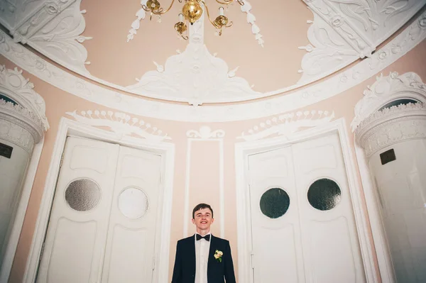 Feliz Elegante Novio Elegante Pie Posar Fondo Pared Puertas Blancas — Foto de Stock