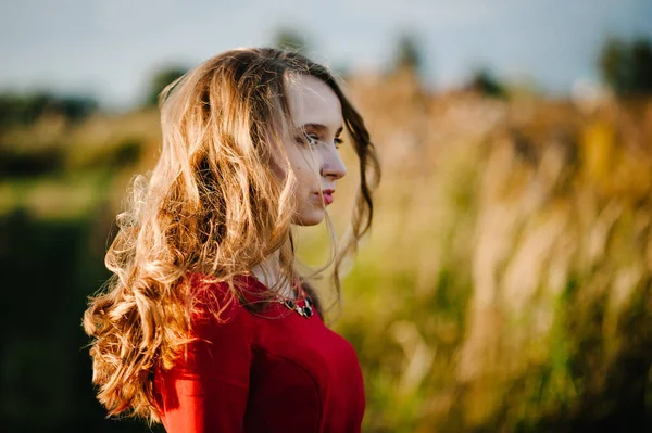 Porträt Eines Schönen Mädchens Herbst Einem Roten Kleid Vor Dem — Stockfoto