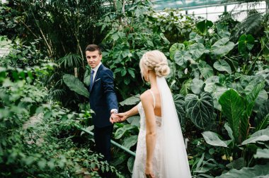 Damat ve gelinlik giymiş gelinin portresi yeşillik dolu botanik bahçesine geri dönüyor. Düğün töreni. Yeni evliler.