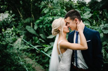 Gelin ve gelinlik giymiş damadın portresi botanik yeşil bahçesinde dikilip sarılıyor ve öpüşüyorlar. Düğün töreni..