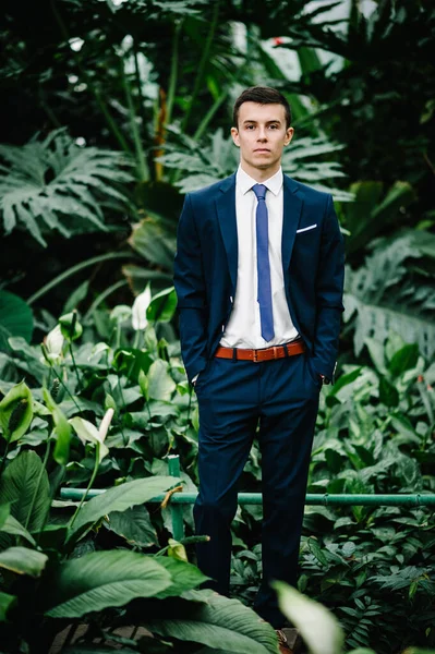結婚式のスーツとネクタイの深刻な肖像ハンサムな新郎は緑の背景に立っている 緑に囲まれた植物園に立つ男 — ストック写真