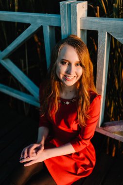 Sonbaharda kırmızı bir elbiseyle oturan güzel bir kızın portresi doğadaki çitin yanında. Üst yarısı. Önüne bak. Kapatın. vesikalık.