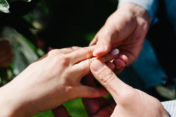 Der Bräutigam Trägt Einen Goldenen Ring Der Hand Der Braut — Stockfoto