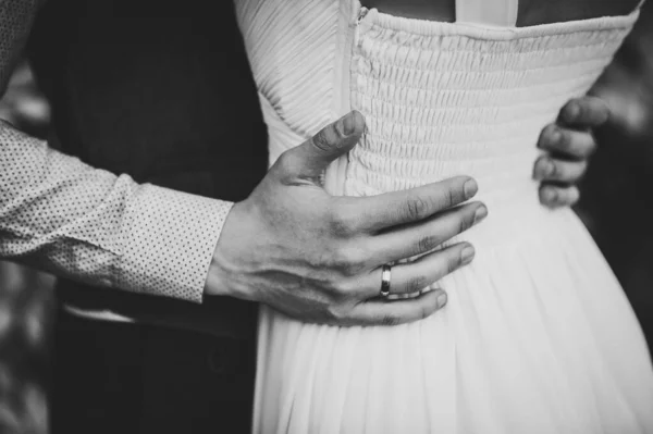 Newlyweds Hugging Close Hands Bridegroom Husband Embrace Woman Wedding Engagement — Stock Photo, Image