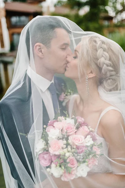 Recém Casados Beijando Sob Véu Natureza Parque — Fotografia de Stock