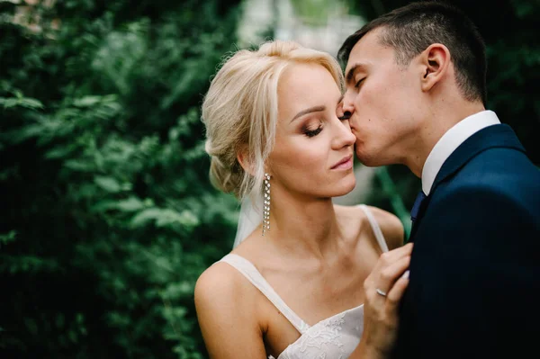 Recém Casados Estão Beijando Jardim Verde Botânico Cheio Vegetação Cerimônia — Fotografia de Stock