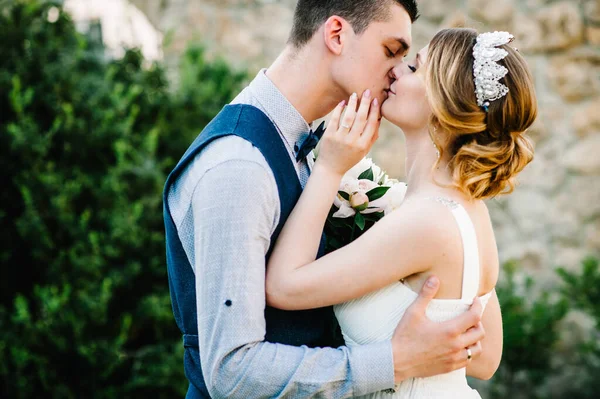 Taçlı ve damatlı şakayık desenli şık bir gelin. Koca belinin arkasından sarılır ve kadını öper. Kapatın. Doğa. Taş duvarın arkasında..