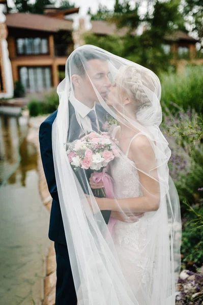 Menyasszony Vőlegény Csók Fátyol Alatt Boldog Örömteli Pillanat Természetben Melletti — Stock Fotó