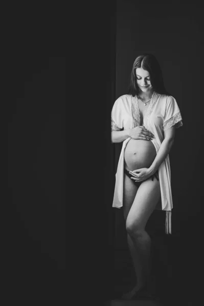 Waiting Baby Pregnant Sexy Woman Standing Window Home Hands Embraces — Stock Photo, Image