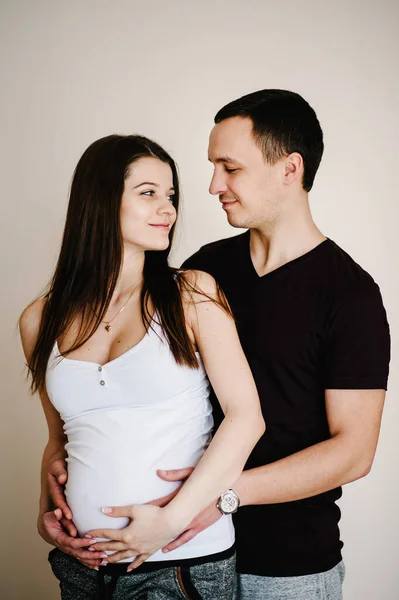 Obrázek Manžela Jak Stojí Drží Břicho Těhotné Ženy Ruce Žena — Stock fotografie